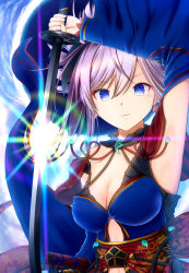 Rule 34 | 1girl, absurdres, arm up, armpits, blue eyes, breasts, choker, cleavage, closed mouth, detached sleeves, earrings, fate/grand order, fate (series), hair between eyes, highres, holding, holding sword, holding weapon, jewelry, katana, long sleeves, looking at viewer, magatama, magatama earrings, medium breasts, miyamoto musashi (fate), miyamoto musashi (third ascension) (fate), myudo-0323, sheath, silver hair, smile, solo, sparkle, sword, weapon, wide sleeves