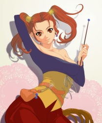 Rule 34 | 1girl, arm behind head, bare shoulders, belt, breasts, cleavage, corset, dragon quest, dragon quest viii, dress, earrings, jessica albert, jewelry, large breasts, looking at viewer, pouch, red eyes, red hair, simple background, single earring, smile, solo, square enix, standing, strapless, strapless dress, tokiwa (breeze of film), twintails, wand, whip