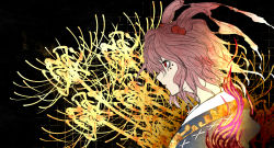 Rule 34 | 1girl, fire, flower, fujinohara akihira, hair bobbles, hair ornament, japanese clothes, onozuka komachi, profile, red hair, solo, spider lily, touhou, twintails, two side up, upper body, yellow flower, yellow spider lily