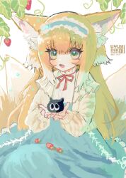 Rule 34 | 1girl, animal ear fluff, animal ears, arknights, black cat, blonde hair, blue hairband, blue skirt, blush, cardigan, cat, commentary, creature, food, fox ears, fox girl, fox tail, frilled hairband, frills, fruit, green eyes, hair ornament, hair scrunchie, hairband, heixiu, highres, holding, holding creature, kitsune, kyuubi, long hair, long sleeves, looking at viewer, multicolored hair, multiple tails, neck ribbon, official alternate costume, open cardigan, open clothes, open mouth, puffy long sleeves, puffy sleeves, red ribbon, ribbon, scrunchie, shirt, skirt, sleeve cuffs, solo, stitches, strawberry, suzuran (arknights), suzuran (spring praise) (arknights), tail, luo xiaohei zhanji, two-tone hair, uyuni-piyo, white hair, white shirt, yellow cardigan