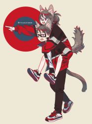 Rule 34 | 1boy, 1girl, :d, animal ear fluff, animal ears, bad id, bad pixiv id, black-framed eyewear, black pants, carrying, circle, fang, full body, glasses, grey hair, highres, jacket, long hair, long sleeves, looking afar, multicolored clothes, niwabuki, no socks, open mouth, original, outstretched arm, pale skin, pants, piggyback, pointing, ponytail, red eyes, rimless eyewear, round eyewear, semi-rimless eyewear, shirt, shoe soles, shoes, short hair, simple background, smile, sneakers, tail, tail raised, tan background, twitter username, under-rim eyewear, walking, white shirt