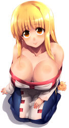 Rule 34 | 1girl, arc the lad, arc the lad ii, bare shoulders, blonde hair, blush, braid, breasts, brown eyes, cleavage, closed mouth, collarbone, downblouse, dress, highres, large breasts, lieza (arc the lad), long hair, looking at viewer, low-tied long hair, no bra, simple background, single braid, smile, solo, tokyo (great akuta), very long hair, white background
