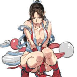 Rule 34 | 1girl, bare shoulders, black hair, breasts squeezed together, breasts, brown eyes, brown hair, cleavage, fatal fury, fingerless gloves, gloves, japanese clothes, kishizuka kenji, large breasts, ponytail, rope, shiranui mai, snk, solo, tei shiboo chichi 168 en, the king of fighters
