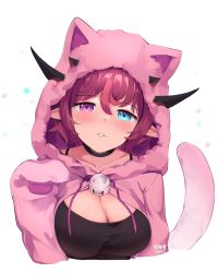 Rule 34 | 1girl, absurdres, alternate costume, animal hood, artist name, bell, blue eyes, blush, breasts, cleavage, drawstring, hair between eyes, heterochromia, highres, hololive, hololive english, hood, hoodie, horns, irys (hololive), jingle bell, looking at viewer, medium breasts, multicolored hair, namiorii, paw sleeves, pink hoodie, pointy ears, purple eyes, purple hair, simple background, solo, streaked hair, tail, upper body, virtual youtuber, white background