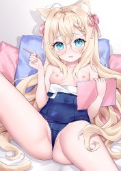 Rule 34 | 1girl, animal ear fluff, animal ears, blonde hair, blue eyes, blue one-piece swimsuit, blush, breasts, cat ears, cat girl, cat tail, clothes pull, gloves, hair between eyes, hands up, highres, holding, holding pen, long hair, looking at viewer, nami (nyaa), nipples, old school swimsuit, one-piece swimsuit, one-piece swimsuit pull, original, parted lips, pen, pillow, round eyewear, school swimsuit, sitting, small breasts, solo, spread legs, swimsuit, tablet pc, tail, tears, very long hair, wavy mouth