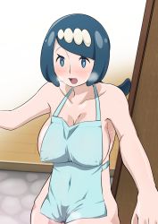 Rule 34 | 1girl, apron, blue eyes, blue hair, breasts, collarbone, covered erect nipples, creatures (company), game freak, heavy breathing, highres, lana&#039;s mother (pokemon), large breasts, mature female, naked apron, nintendo, overalls, pokemon, pokemon (anime), pokemon sm (anime), ponytail, pussy juice, solo