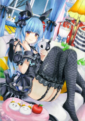 Rule 34 | 1girl, absurdres, animal ears, ass, black dress, blue hair, blush, breasts, dress, fake animal ears, garter straps, hat, high heels, highres, holding, holding mask, holding shoes, hololive, long hair, looking at viewer, marker (medium), mask, mini hat, pekomon (usada pekora), puffy short sleeves, puffy sleeves, rabbit ears, rabbit mask, shoes, unworn shoes, short sleeves, small breasts, solo, traditional media, usada pekora, usada pekora (furi furi bunny dress), very long hair, virtual youtuber, whipberry, wrist cuffs, yellow eyes