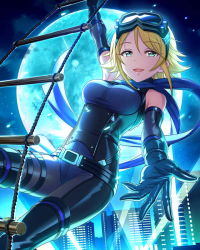 Rule 34 | 10s, 1girl, blonde hair, bodysuit, breasts, building, cityscape, elbow gloves, framed breasts, full moon, gloves, goggles, goggles on head, green eyes, idolmaster, idolmaster cinderella girls, moon, night, official art, open mouth, outstretched hand, rope ladder, scarf, solo, spotlight, umeki otoha