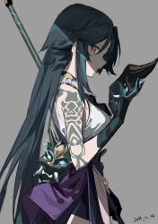 Rule 34 | 1girl, 2021, arm tattoo, bare shoulders, breasts, dated, genderswap, genderswap (mtf), genshin impact, gloves, grey background, holding, holding mask, long hair, looking at viewer, mask, medium breasts, qtian, simple background, sleeveless, solo, tattoo, xiao (genshin impact), yellow eyes