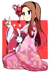Rule 34 | 1girl, absurdres, beads, breasts, brown hair, closed mouth, eyebrows, eyelashes, floral print, flower, fox shadow puppet, from side, full body, hair beads, hair flower, hair ornament, hairband, hexagon, highres, idolmaster, idolmaster (classic), itsuki (siikun), japanese clothes, kimono, leaf, long hair, long sleeves, looking away, maple leaf, minase iori, obi, pink kimono, print kimono, red eyes, rounded corners, sash, seiza, sitting, small breasts, smile, solo, stuffed animal, stuffed rabbit, stuffed toy, white background, wide sleeves, yukata
