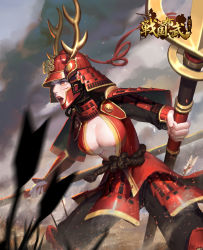 Rule 34 | 1girl, :o, absurdres, armor, arrow (projectile), blurry, blurry foreground, breasts, cleavage, day, dual wielding, helmet, highres, holding, holding weapon, japanese armor, kabuto (helmet), large breasts, li zao, orange eyes, outdoors, planted, planted arrow, polearm, red headwear, sanada yukimura, standing, trident, weapon