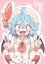 Rule 34 | &gt;:d, 1girl, :d, ahoge, bat wings, blouse, blue hair, blush, blush stickers, breasts, brooch, double v, fang, hat, jewelry, mob cap, morino hon, open mouth, red eyes, remilia scarlet, sash, shirt, short hair, small breasts, smile, solo, touhou, upper body, v, v-shaped eyebrows, wide-eyed, wings, wrist cuffs