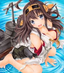 Rule 34 | 10s, 1girl, :d, bare shoulders, barefoot, blush, breasts, brown hair, cleavage, detached sleeves, double bun, fang, frilled skirt, frills, hair ornament, hairband, headgear, japanese clothes, kantai collection, kongou (kancolle), large breasts, long hair, miko, nontraditional miko, open mouth, pastel (medium), personification, ripples, shikishi, grey eyes, sitting, skirt, smile, solo, tatara kaeru, torn clothes, traditional media, wariza, water, wide sleeves, yukitsuki kokoro