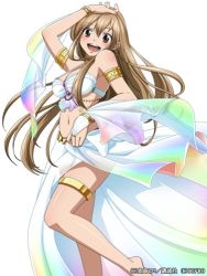 Rule 34 | 1girl, breasts, brown eyes, brown hair, cleavage, dress, elie, grin, hand on own head, legs, long hair, looking at viewer, navel, open mouth, rave, shiny skin, smile, solo