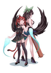Rule 34 | 2girls, alternate costume, animal ears, arm cannon, arms at sides, ass, back, back-to-back, bad id, bad pixiv id, bare arms, bare legs, bare shoulders, bikini, bikini top only, bird wings, black bow, black footwear, black legwear, bow, braid, breasts, brown hair, brown wings, cat ears, cat tail, choker, closed mouth, denim, denim shorts, dress, extra ears, footwear bow, full body, garter straps, ghost, green bow, hair between eyes, hair bow, halterneck, hand up, height difference, high heels, highres, kaenbyou rin, kosaka ushinai, light smile, long hair, looking at viewer, looking back, mary janes, medium breasts, multiple girls, multiple tails, nekomata, pocket, print dress, red bow, red eyes, red hair, reiuji utsuho, shoes, short dress, short shorts, shorts, sideboob, simple background, sketch, standing, strapless, strapless dress, swimsuit, tail, thighhighs, third eye, touhou, twin braids, two tails, weapon, white background, wings, zettai ryouiki
