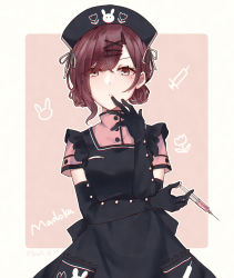 Rule 34 | 1girl, :c, black dress, black gloves, breast pocket, character name, chinese commentary, closed mouth, commentary request, double bun, dress, elbow gloves, frown, gloves, hair bun, hair ornament, hairclip, hand on own face, hat, highres, higuchi madoka, holding, holding syringe, idolmaster, idolmaster shiny colors, kiouri, looking at viewer, mole, mole under eye, nurse cap, parted bangs, pinafore dress, pink shirt, pocket, shirt, short hair, sleeveless dress, solo, syringe, turtleneck, twitter username, x hair ornament