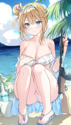 Rule 34 | 1girl, absurdres, alcohol, ass, bare legs, bare shoulders, beach, bikini, blonde hair, blue eyes, blue hairband, blue jacket, bottle, breasts, chinese commentary, cleavage, collarbone, commentary request, day, feet, frilled bikini, frills, girls&#039; frontline, gun, hair bun, hair ornament, hairband, halterneck, hand on own chest, highres, ice bucket, jacket, jyt, large breasts, legs, long hair, off shoulder, official alternate costume, one side up, open clothes, open jacket, outdoors, revision, sandals, side bun, sidelocks, single side bun, smile, snowflake hair ornament, solo, spaghetti strap, squatting, submachine gun, suomi (girls&#039; frontline), suomi (midsummer pixie) (girls&#039; frontline), suomi kp/-31, swimsuit, thighs, toes, vodka, weapon, white bikini