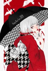 Rule 34 | 1girl, 2019, aoki kouri, bad id, bad pixiv id, bird, blunt bangs, blunt ends, bob cut, claw ring, earrings, eyeshadow, flower, from behind, happy new year, highres, houndstooth, japanese clothes, jewelry, kimono, limited palette, lips, lipstick, looking back, looking to the side, makeup, multicolored hair, nail polish, nengajou, new year, original, ring, rose, short hair, twitter username, two-tone hair, umbrella