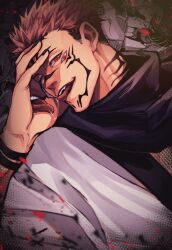 Rule 34 | 1boy, absurdres, arm tattoo, black nails, extra eyes, facial tattoo, hair slicked back, hand mouth, hand on own face, highres, jujutsu kaisen, looking at viewer, male focus, neck tattoo, open mouth, pink hair, red eyes, robe, ryoumen sukuna (jujutsu kaisen), short hair, solo, tattoo, teeth, tongue, tongue out, undercut, upper body, white robe, yu (luvme tir4353)