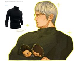 Rule 34 | 1boy, bara, bespectacled, character doll, character request, cropped torso, english text, facial hair, glasses, highres, iiilliiillliil, large pectorals, long sideburns, looking ahead, male focus, mature male, pectorals, profile, reference inset, ryuu ga gotoku (series), short hair, sideburns, sideburns stubble, solo, stubble, sweater, three quarter view, toned, toned male, tsurime, turtleneck, turtleneck sweater