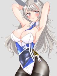 Rule 34 | 1girl, adapted costume, ahoge, animal ears, arm behind head, between breasts, black pantyhose, blue necktie, breasts, cleavage, clothes writing, cowboy shot, detached collar, fake animal ears, grey background, grey eyes, highres, kantai collection, large breasts, leotard, long hair, multicolored leotard, necktie, nitamako (sakamalh), pantyhose, playboy bunny, rabbit ears, silver hair, simple background, solo, thighhighs, washington (kancolle), wrist cuffs