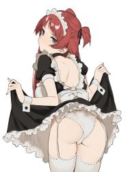 Rule 34 | 1girl, 2l (2lsize), absurdres, ass, backless dress, backless outfit, black dress, blush, clothes lift, dress, dress lift, frilled dress, frills, garter straps, hair ribbon, highres, lifted by self, long hair, looking at viewer, maid, maid headdress, original, panties, puffy short sleeves, puffy sleeves, purple eyes, red hair, ribbon, short sleeves, simple background, solo, thighhighs, two side up, underwear, wedgie, white background, white panties, white thighhighs, wrist cuffs