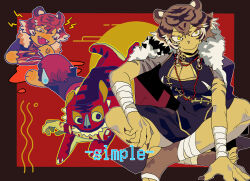 Rule 34 | 1girl, 1other, animal, animal ears, arm wrap, bead necklace, beads, black dress, black jacket, blood, breasts, brown hair, center opening, chibi, china dress, chinese clothes, claws, closed mouth, colored tips, commentary, commission, dress, english commentary, fangs, fingernails, food, full body, fur-trimmed jacket, fur trim, hair between eyes, highres, indian style, jacket, jacket on shoulders, jewelry, leg wrap, looking at viewer, meat, medium breasts, multicolored hair, multiple views, necklace, open mouth, original, raw meat, red background, sharp fingernails, sharp toenails, short hair, sitting, smile, streaked hair, tail, tiger, tiger ears, tiger girl, tiger tail, toeless footwear, toenails, yellow eyes, yulei yuuuuu