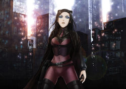 Rule 34 | 00s, 1girl, breasts, brown hair, building, cityscape, covered navel, cowboy shot, ergo proxy, eyeliner, green eyes, gun, highres, lens flare, long hair, long sleeves, makeup, necktie, parted lips, re-l mayer, ruins, skyscraper, solo, weapon, yoneyu