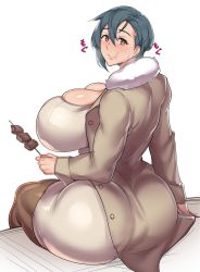 Rule 34 | 1girl, ass, breasts, brown eyes, cleavage, coat, curvy, dress, eating, food, green hair, highres, huge ass, huge breasts, looking at viewer, meat, natedecock, natsumi (natedecock), original, pantyhose, short hair, sitting, solo, white background, wide hips