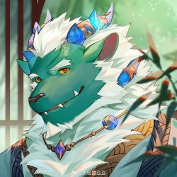 Rule 34 | 1boy, bara, beard, colored sclera, colored skin, curled horns, dragon boy, dragon horns, facial hair, fangs, full beard, furry, furry male, glowing horns, green skin, highres, horns, icelernd, looking at viewer, male focus, mature male, neck fur, original, portrait, short hair, solo, thick beard, thick eyebrows, yellow sclera