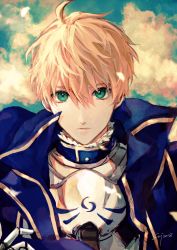 Rule 34 | 1boy, absurdres, armor, armored dress, arthur pendragon (fate), blonde hair, blue cape, blue dress, breastplate, cape, dress, expressionless, fate/grand order, fate/prototype, fate (series), gauntlets, green eyes, hair between eyes, highres, looking at viewer, male focus, outdoors, pauldrons, sangzhujun, short hair, shoulder armor, signature, sky, solo, upper body