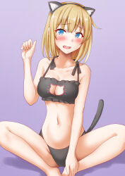 Rule 34 | 1girl, animal ears, anti (untea9), black bra, black panties, blonde hair, blue eyes, bra, breasts, cat cutout, cat ears, cat lingerie, cat tail, cleavage, cleavage cutout, clothing cutout, frilled bra, frills, full body, grey background, highres, kantai collection, medium breasts, meme attire, panties, rodney (kancolle), short hair, simple background, sitting, solo, tail, underwear, underwear only