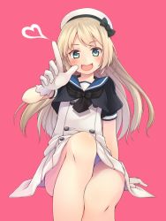 Rule 34 | 1girl, blonde hair, blue eyes, blue sailor collar, dress, gloves, hat, highres, index finger raised, jervis (kancolle), kantai collection, long hair, looking at viewer, mofu namako, open mouth, panties, pantyshot, pink background, sailor collar, sailor dress, short sleeves, sitting, smile, solo, underwear, white dress, white gloves, white hat, white panties