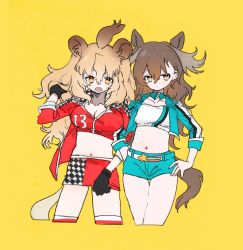 Rule 34 | 010mzam, 2girls, alternate costume, animal ears, antlers, belt, black gloves, blonde hair, blue jacket, blue shorts, brown eyes, brown hair, checkered clothes, checkered jacket, checkered skirt, commentary request, cowboy shot, extra ears, gloves, hand in own hair, hand on own hip, horns, jacket, kemono friends, lion (kemono friends), lion ears, lion girl, lion tail, locked arms, long hair, midriff, miniskirt, moose (kemono friends), moose ears, moose girl, moose tail, multicolored hair, multiple girls, race queen, red jacket, red skirt, short shorts, short sleeves, shorts, skirt, strapless, tail, tube top, yellow eyes