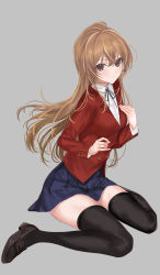 Rule 34 | 1girl, aged up, aisaka taiga, black thighhighs, blazer, blonde hair, blue skirt, blush, breasts, brown eyes, closed mouth, full body, grey background, hand on own chest, highres, jacket, long hair, long sleeves, looking at viewer, mexif, miniskirt, no shoes, oohashi high school uniform, pleated skirt, red eyes, red jacket, school uniform, simple background, sitting, skirt, small breasts, solo, thighhighs, toradora!, v-shaped eyebrows, wariza, zettai ryouiki