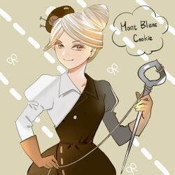 Rule 34 | 1girl, brown gloves, brown hair, character name, cookie run, dress, eyelashes, ganges, gloves, hair up, hat, holding, humanization, juliet sleeves, light smile, long sleeves, mont blanc cookie, needle, puffy sleeves, sewing needle, smile, solo, standing, string, two-tone dress, white hair