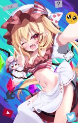 Rule 34 | 1girl, ;d, ?, absurdres, alternate costume, blonde hair, blue background, bow, breasts, cleavage, commentary request, crystal wings, emoji, flandre scarlet, hat, heart, heart print, heart ribbon, highres, internet survivor, laevatein (tail), looking at viewer, medium breasts, midriff, multicolored bow, multicolored clothes, multicolored hat, navel, ok sign, one eye closed, one side up, open mouth, pleading face emoji, polka dot headwear, red eyes, remilia scarlet, s vileblood, short sleeves, sidelocks, single thighhigh, slit pupils, smile, solo, tail, terebi-chan, thighhighs, touhou, traditional media, twitter logo, v, white thighhighs, youtube logo
