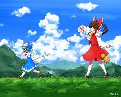 Rule 34 | 2girls, ascot, bad id, bad pixiv id, bare shoulders, blue eyes, blue hair, blue sky, bow, brown hair, butterfly net, cirno, cloud, dated, day, detached sleeves, dress, gourd, grass, hair bow, hakurei reimu, hand fan, hand net, hat, hat ribbon, kneehighs, mary janes, mountain, multiple girls, ofuda, open mouth, outdoors, path, ponytail, profile, puffy short sleeves, puffy sleeves, red eyes, ribbon, road, running, shirokan28, shoes, short hair, short sleeves, skirt, skirt set, sky, smile, socks, straw hat, touhou, walking