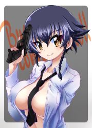 Rule 34 | 1girl, text background, between breasts, black hair, braid, breasts, brown eyes, cleavage, closed mouth, commentary, dress shirt, fujimaru arikui, girls und panzer, grey background, gun, handgun, happy birthday, holding, holding gun, holding weapon, italian text, large breasts, looking at viewer, necktie, necktie between breasts, open clothes, open shirt, outside border, pepperoni (girls und panzer), rounded corners, shirt, short hair, side braid, smile, solo, trigger discipline, upper body, weapon, white shirt, wing collar