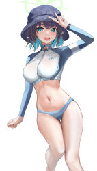 Rule 34 | 1girl, absurdres, arm up, bikini, bikini bottom only, black hair, blue archive, blue bikini, blush, breasts, bucket hat, cowboy shot, cropped jacket, fuenyuan, green eyes, green halo, hair between eyes, halo, hand up, hat, highres, jacket, large breasts, long sleeves, looking at viewer, multicolored clothes, multicolored jacket, navel, official alternate costume, open mouth, raglan sleeves, rash guard, revision, saki (blue archive), saki (swimsuit) (blue archive), short hair, simple background, smile, solo, standing, stomach, swimsuit, thighs, two-tone jacket, v, white background