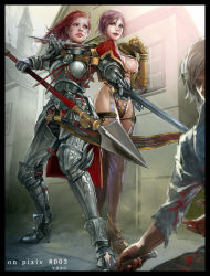 Rule 34 | 2girls, armor, black hair, blood, boots, breasts, cleavage, earrings, covered erect nipples, gloves, green eyes, hildegard von krone, isabella valentine, jasmine t, jewelry, knight, large breasts, long hair, mole, multiple girls, namco, pink hair, polearm, red hair, short hair, smile, soul calibur, soulcalibur, soulcalibur iv, sword, thighhighs, weapon