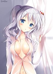 Rule 34 | 10s, 1girl, blue eyes, blush, breasts, cleavage, collarbone, commentary request, curtain grab, curtains, dress shirt, hair ribbon, kantai collection, kashima (kancolle), large breasts, navel, no bra, open clothes, open shirt, ribbon, see-through, shirt, sidelocks, silver hair, solo, sousouman, tsurime, twintails, unbuttoned, wavy hair, white shirt