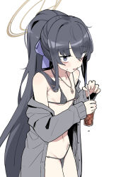 Rule 34 | 1girl, bags under eyes, bee (deadflow), black hair, blue archive, blush, breasts, coat, commentary request, cup, drinking straw, grey eyes, hair ribbon, halo, highres, holding, holding cup, ice, ice cube, jewelry, long hair, long sleeves, navel, necklace, off shoulder, open mouth, ponytail, purple ribbon, ribbon, simple background, small breasts, solo, standing, ui (blue archive), ui (swimsuit) (blue archive), white background