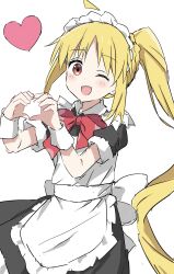 Rule 34 | 1girl, ;d, absurdres, ahoge, alternate costume, apron, as buppa, back bow, black dress, blonde hair, blush, bocchi the rock!, bow, bowtie, braid, commentary request, cowboy shot, crown braid, detached ahoge, dot nose, dress, enmaided, eyelashes, frilled apron, frills, hands up, heart, heart hands, highres, ijichi nijika, long bangs, long hair, looking at viewer, maid, maid apron, maid headdress, one eye closed, open mouth, orange eyes, red bow, red bowtie, side ponytail, sidelocks, simple background, single braid, smile, solo, very long hair, white apron, white background, white bow, white wrist cuffs, wrist cuffs
