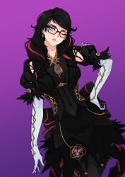 Rule 34 | 1girl, absurdres, bayonetta, bayonetta (series), bayonetta 3, black hair, braid, braided twintails, elbow gloves, eyeshadow, feather-trimmed dress, gloves, highres, long hair, looking at viewer, makeup, megumo, mole, mole under mouth, multicolored hair, one eye closed, puffy short sleeves, puffy sleeves, purple background, purple eyeshadow, red hair, short sleeves, streaked hair, twin braids, white gloves