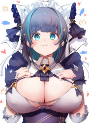 Rule 34 | 10eki (tenchou), 1girl, :3, absurdres, animal ears, apron, aqua eyes, aqua hair, azur lane, black hair, blunt bangs, blush, breasts, cat ears, cheshire (azur lane), cleavage, collared dress, commentary request, corset, detached sleeves, dress, earrings, fake animal ears, frilled hairband, frilled headband, frilled ribbon, frills, hairband, hands on own chest, highres, jewelry, large breasts, looking at viewer, maid, maid headdress, multicolored hair, puffy detached sleeves, puffy sleeves, purple apron, ribbon, sidelocks, simple background, smile, solo, sparkle, streaked hair, upper body, white background, wrist cuffs