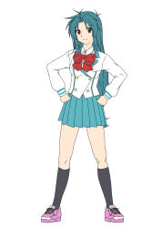 Rule 34 | 1girl, absurdres, black socks, blue hair, bow, breasts, brown eyes, chidori kaname, closed mouth, commentary, full body, full metal panic!, hands on own hips, highres, jindai high school uniform, kneehighs, long hair, looking at viewer, low-tied long hair, maru sashi, medium breasts, school uniform, shirt, skirt, smile, socks, solo, white background