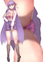 Rule 34 | 1girl, bad id, bad twitter id, bb (fate), bb (fate/extra), black footwear, black socks, blush, breasts, brown footwear, brown socks, cleavage, commentary request, earrings, fate/grand order, fate (series), from below, full body, hair ribbon, heart, heart print, highres, jewelry, kneehighs, large breasts, long hair, long sleeves, looking at viewer, matou sakura, multiple views, open clothes, open shirt, panties, print panties, purple eyes, purple hair, purple panties, purple skirt, red ribbon, ribbon, shirt, shoes, sikijou77o, simple background, skirt, socks, standing, star (symbol), underwear, white background, white shirt