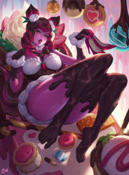 Rule 34 | 1girl, absurdres, barefoot, between breasts, breasts, brown hair, candy, chocolate, chocolate covered, chocolate heart, citemer, claws, cleavage, colored skin, convenient leg, corset, drill hair, evelynn (league of legends), female focus, food, food on body, food on head, fruit, heart, high heels, highres, holding, holding shoes, large breasts, leaf, league of legends, lipstick, looking at viewer, lying, makeup, multicolored hair, object on head, open mouth, pink hair, pink skin, shoes, unworn shoes, signature, solo, strawberry, streaked hair, sugar rush evelynn, teeth, tongue, tongue out, whipped cream, yellow eyes
