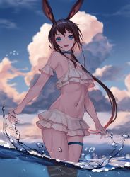 Rule 34 | 1girl, :d, amiya (arknights), animal ears, arknights, arm cuffs, bankongping, bare shoulders, bikini, bikini skirt, blue eyes, blue sky, brown hair, chinese commentary, cloud, commentary request, cowboy shot, day, highres, jewelry, long hair, looking at viewer, miniskirt, navel, neck ring, open mouth, outdoors, partial commentary, rabbit ears, skirt, sky, smile, solo, standing, stomach, swimsuit, thighlet, thighs, very long hair, wading, water, water drop, white bikini, white skirt